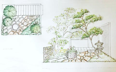 手書きでスケッチ・彩色された庭の完成イメージデザイン